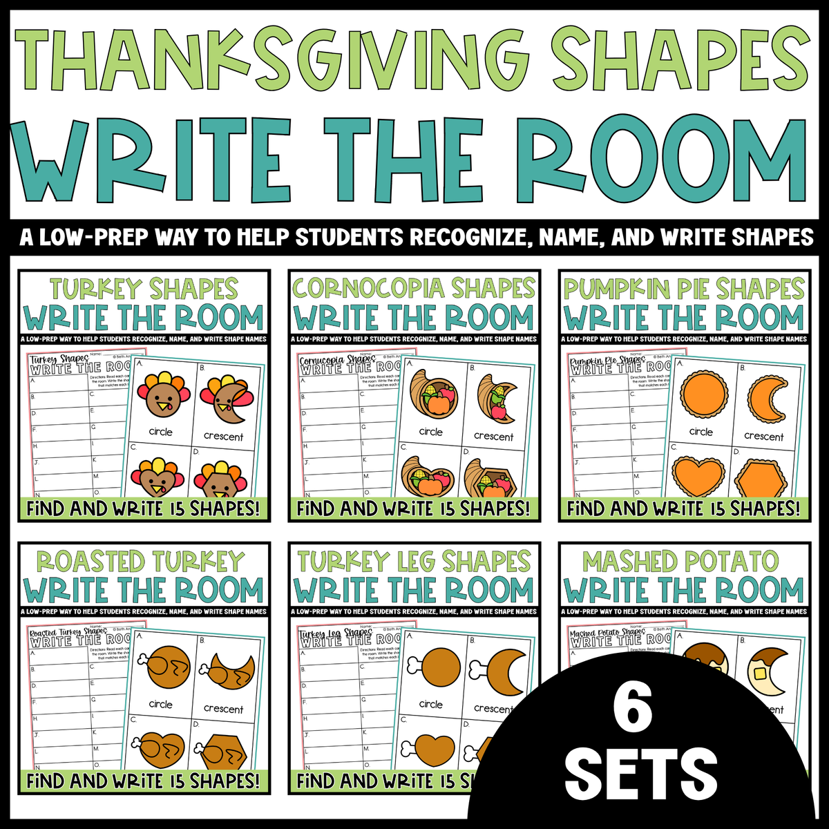 Thanksgiving Shapes Write the Room Bundle | 2D Shapes Recognition & Name Writing