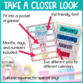 Rainbow Pop and Dots Calendar Set Boho Rainbow Classroom Decor