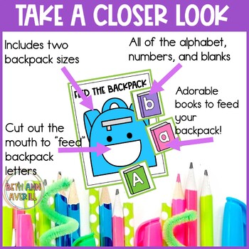 Feed the Backpack Activity Alphabet Fluency and Counting for Back to School