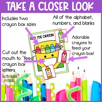 Feed the Crayon Box Activity Alphabet Fluency and Counting for Back to School