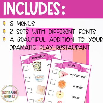 Dramatic Play Restaurant Menus Watercolor
