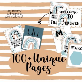 Boho Rainbow Blue Classroom Decor Growing Bundle