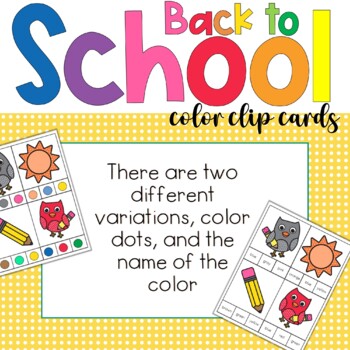 Back to School Colors Clip Cards for Preschoolers