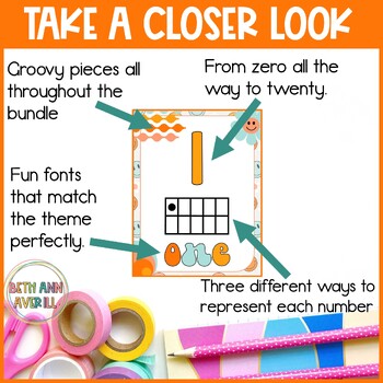 Groovy Boho Retro Number Posters with ten frames Classroom Decor Numbers 0 - 20