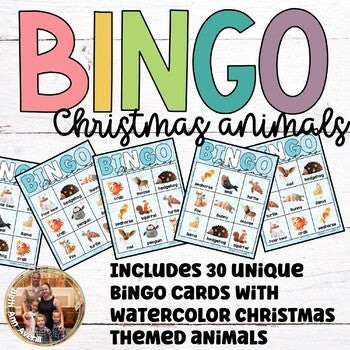 Christmas Bingo Cards for Classroom Parties Featuring Watercolor Animals