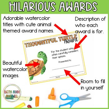Editable End of Year Animal Awards Certificate for Preschool or Kindergarten