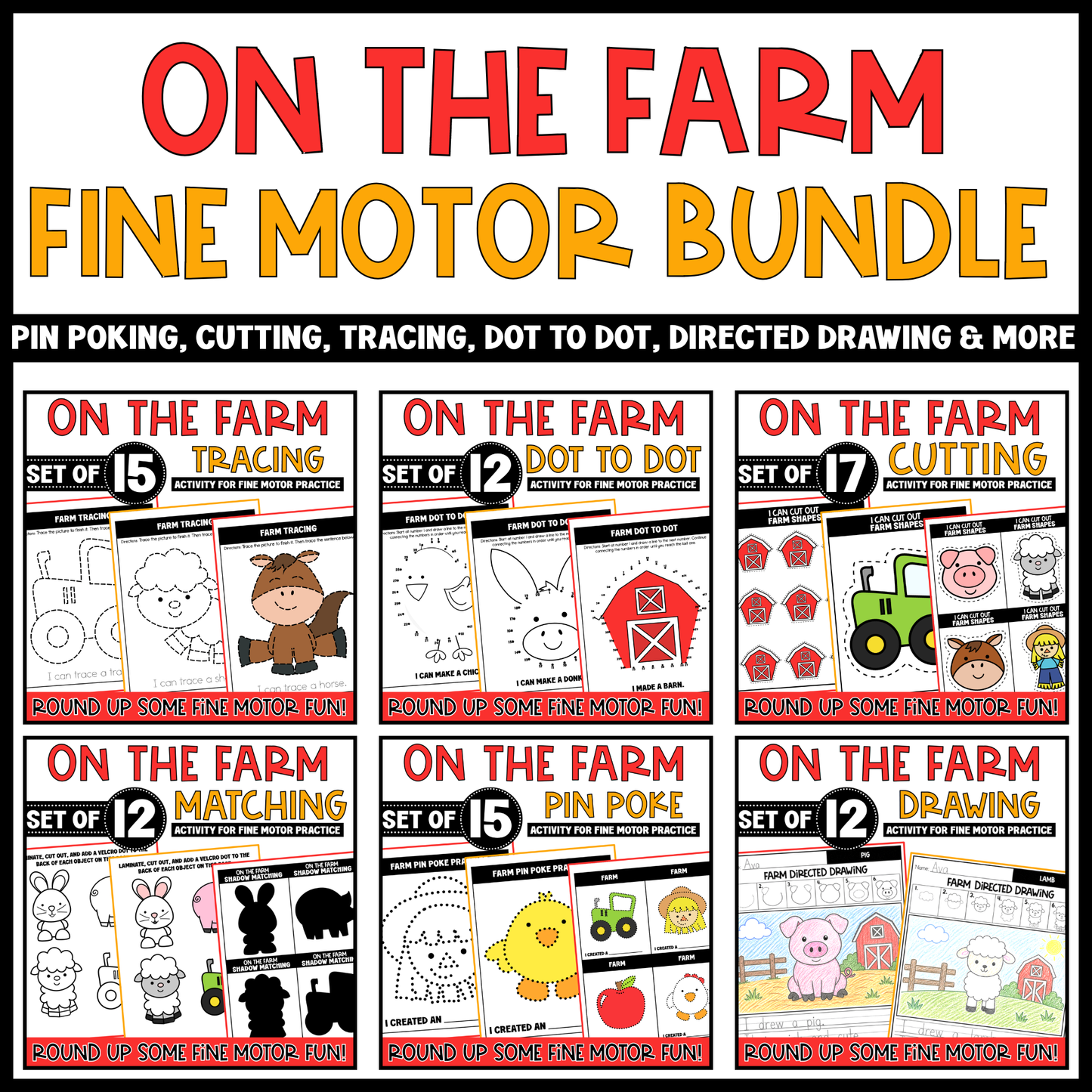 Farm Fine Motor Cutting Tracing Drawing Matching Pin Poke Dot to Dot Bundle