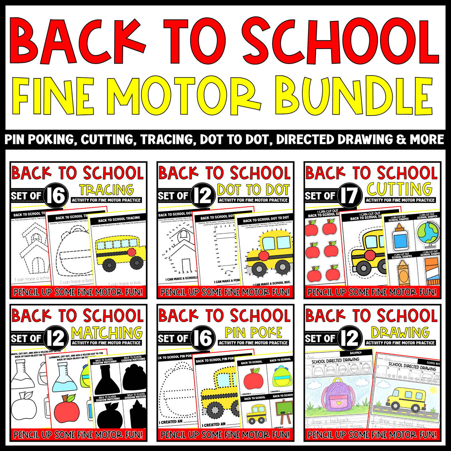 Back to School Fine Motor Bundle Cutting Tracing Drawing Matching Pin Poke Dot