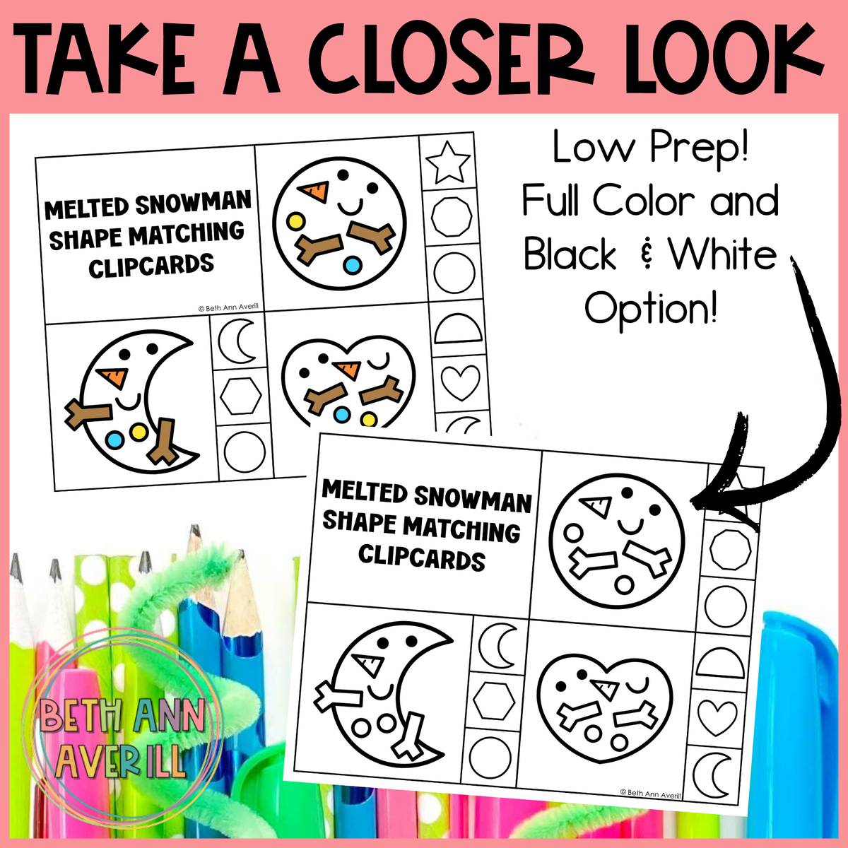 Melted Snowman Shape Matching Clip Cards