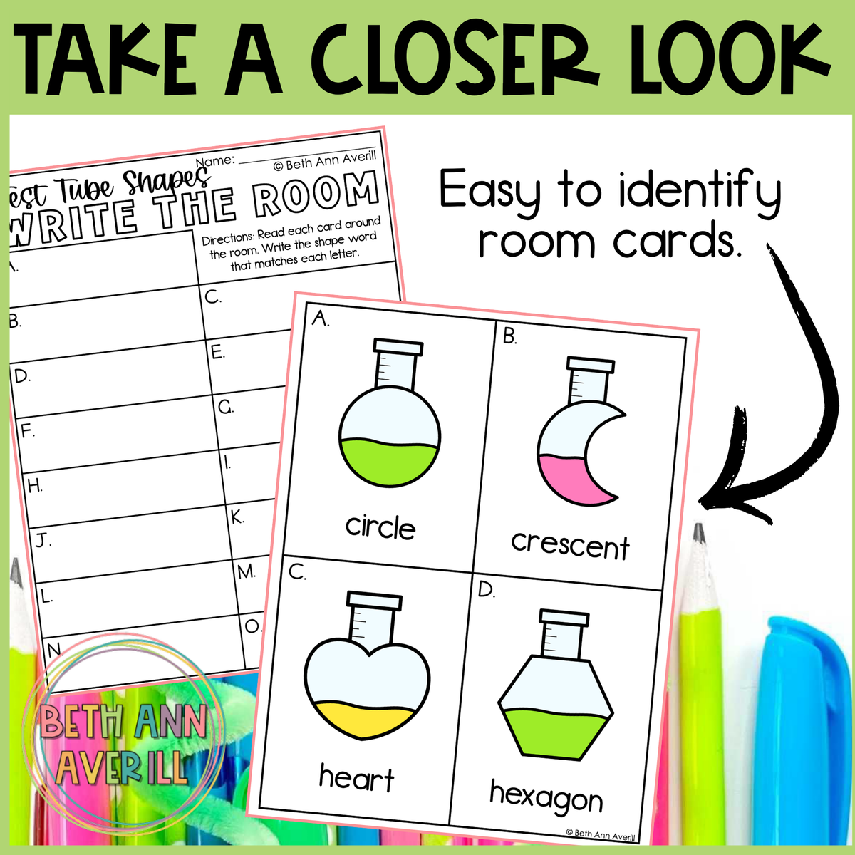 Test Tube Shapes Write the Room | 2D Shapes Recognition & Name Writing