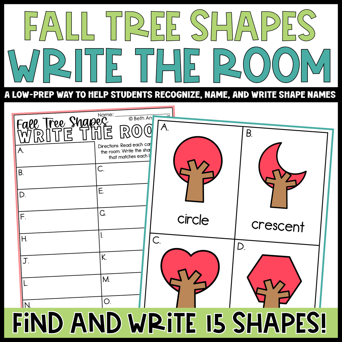 Fall Tree Shapes Write the Room | 2D Shapes Recognition & Name Writing