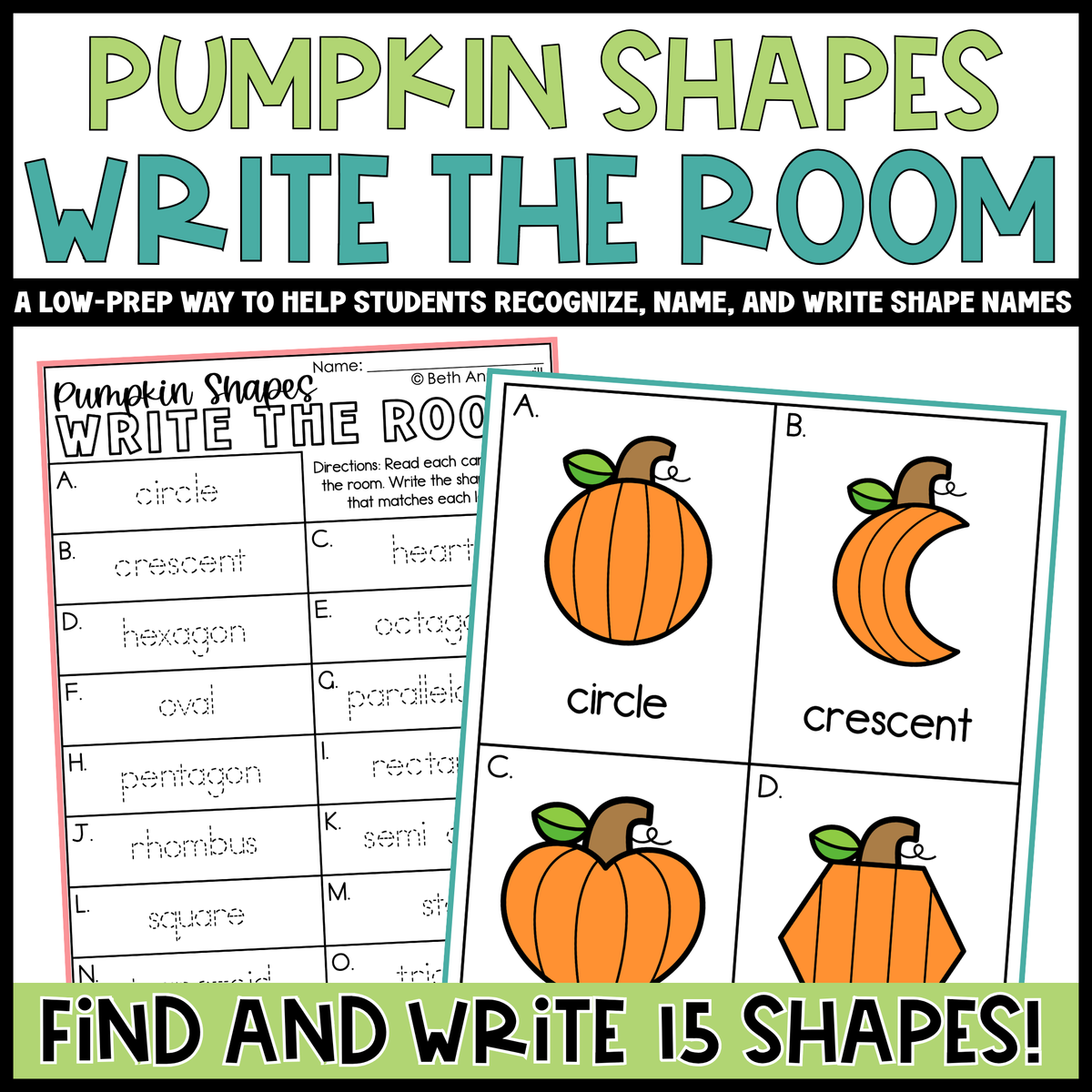 Pumpkin Shapes Write the Room | 2D Shapes Recognition & Name Writing