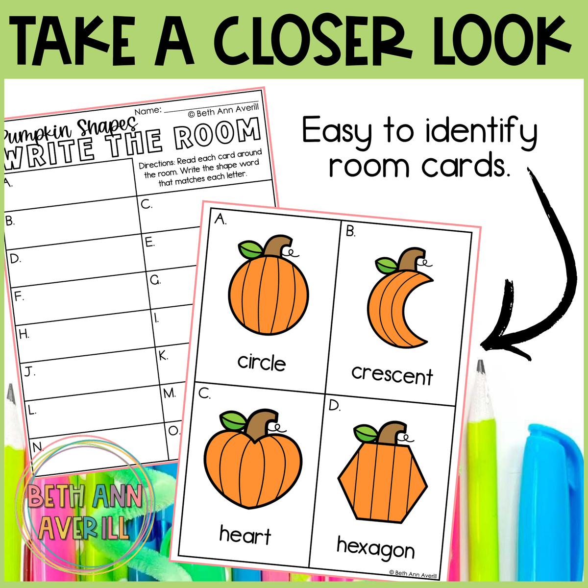 Pumpkin Shapes Write the Room | 2D Shapes Recognition & Name Writing