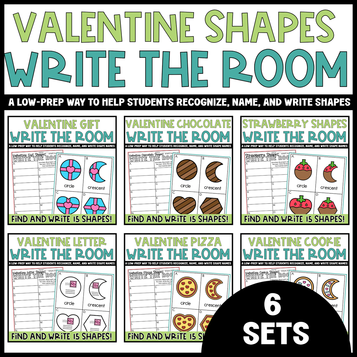 Valentine Shapes Write the Room Bundle | 2D Shapes Recognition & Name Writing