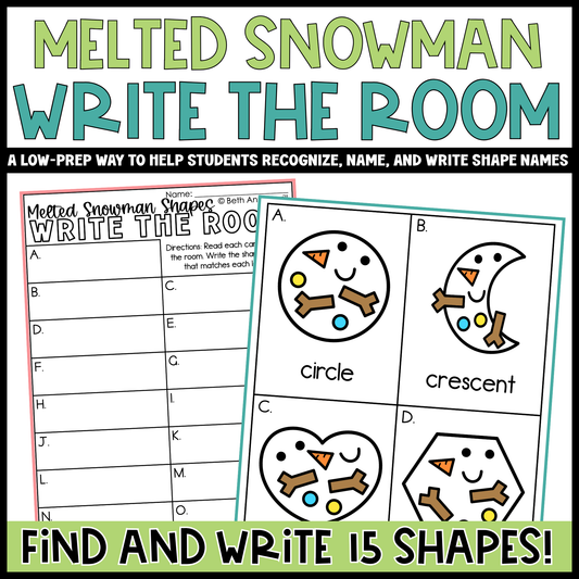 Melted Snowman Shapes Write the Room | 2D Shapes Recognition & Name Writing