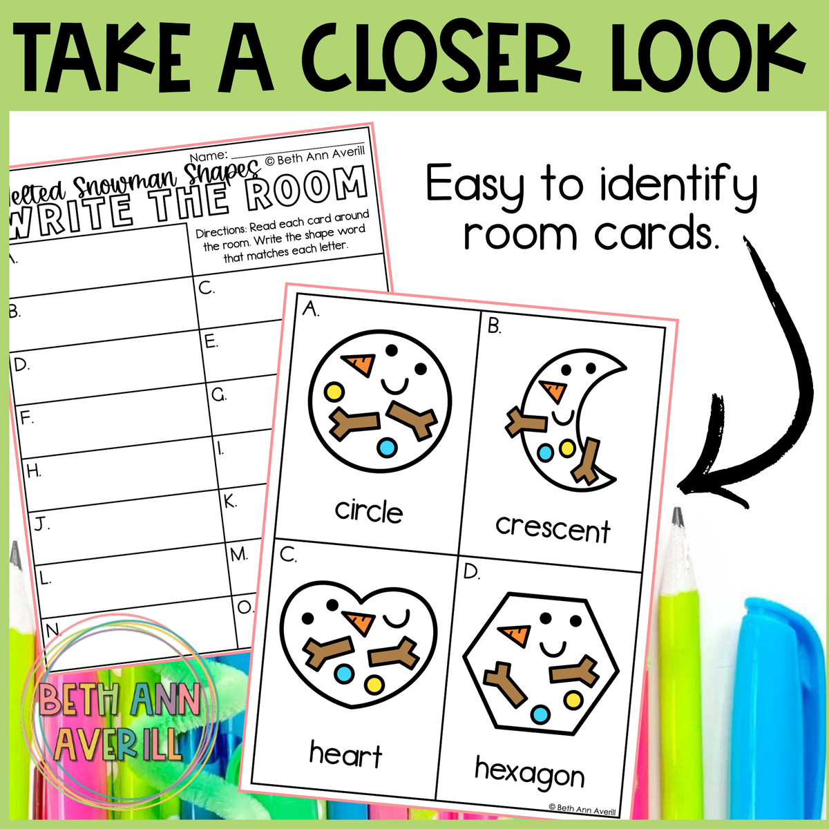 Melted Snowman Shapes Write the Room | 2D Shapes Recognition & Name Writing