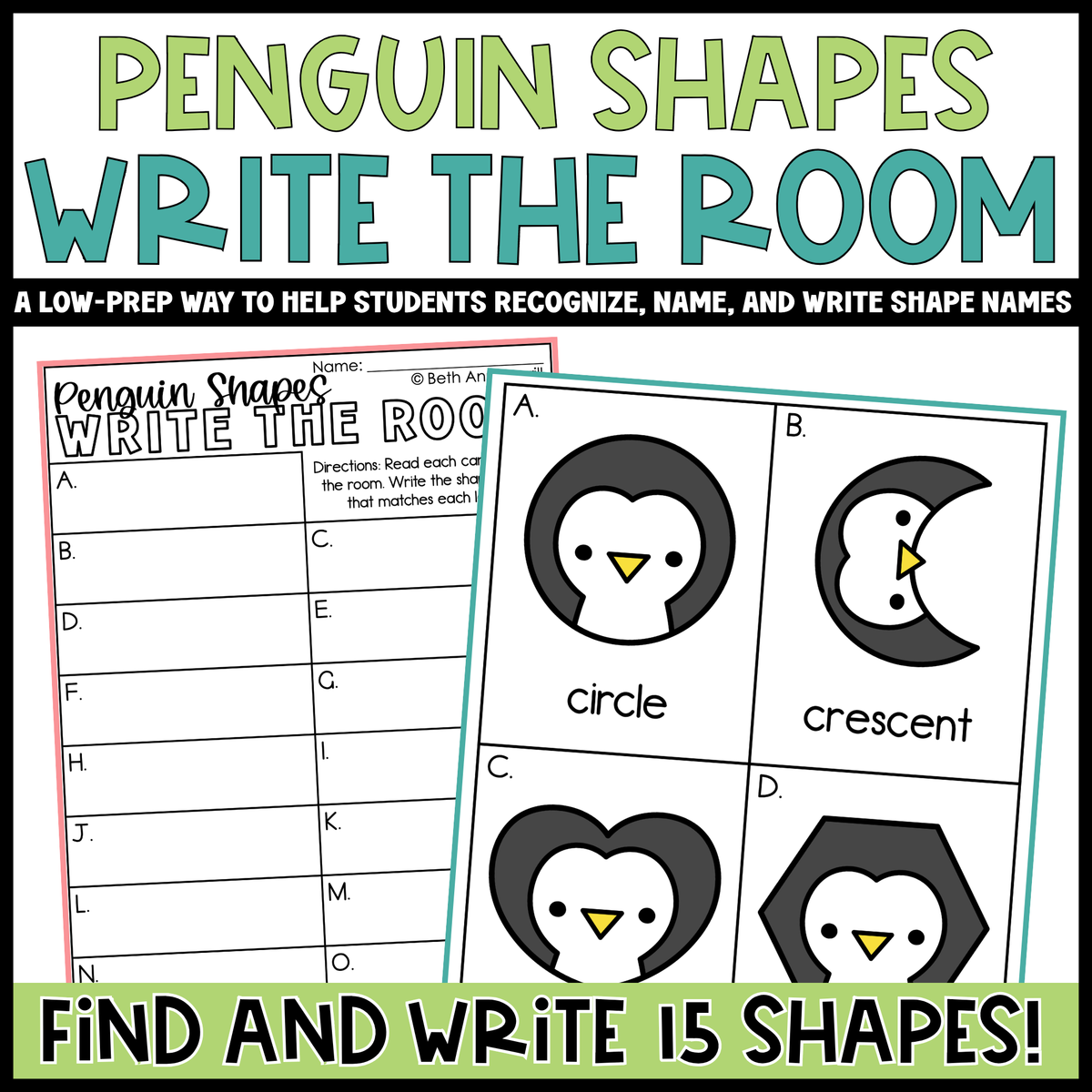 Penguin Shapes Write the Room | 2D Shapes Recognition & Name Writing