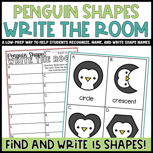 Penguin Shapes Write the Room | 2D Shapes Recognition & Name Writing