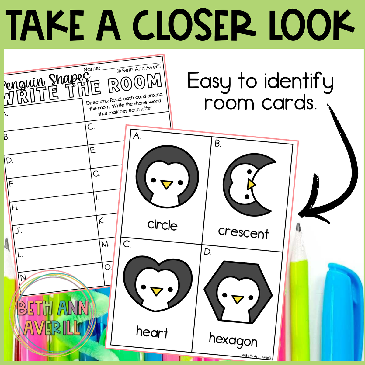 Penguin Shapes Write the Room | 2D Shapes Recognition & Name Writing