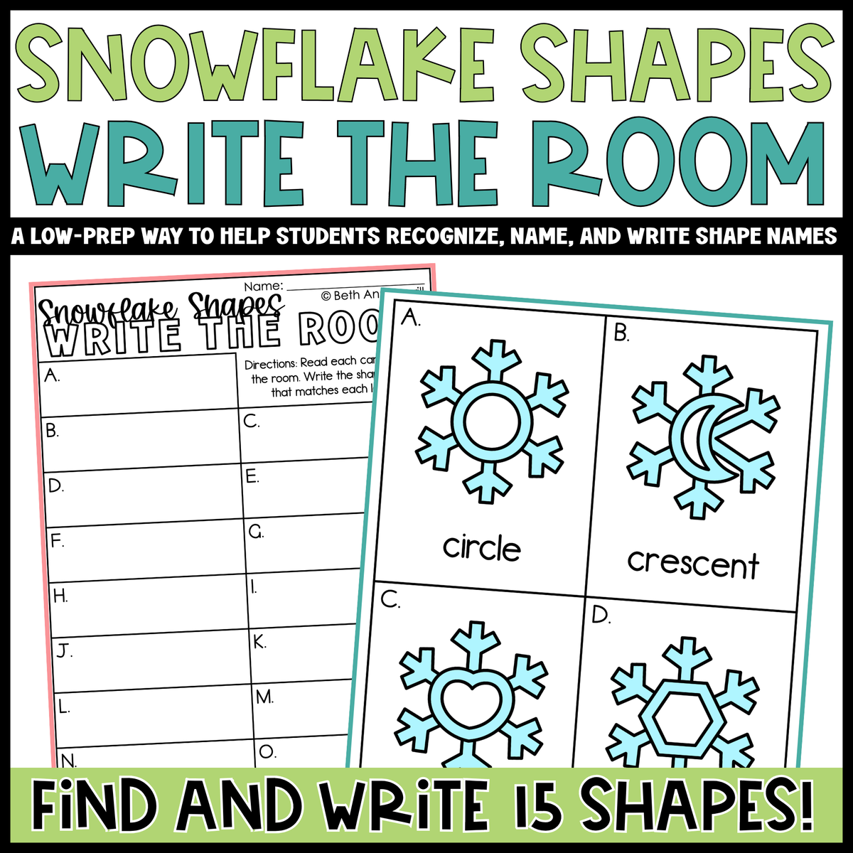 Snowflake Shapes Write the Room | 2D Shapes Recognition & Name Writing