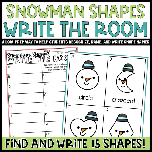 Snowman Shapes Write the Room | 2D Shapes Recognition & Name Writing