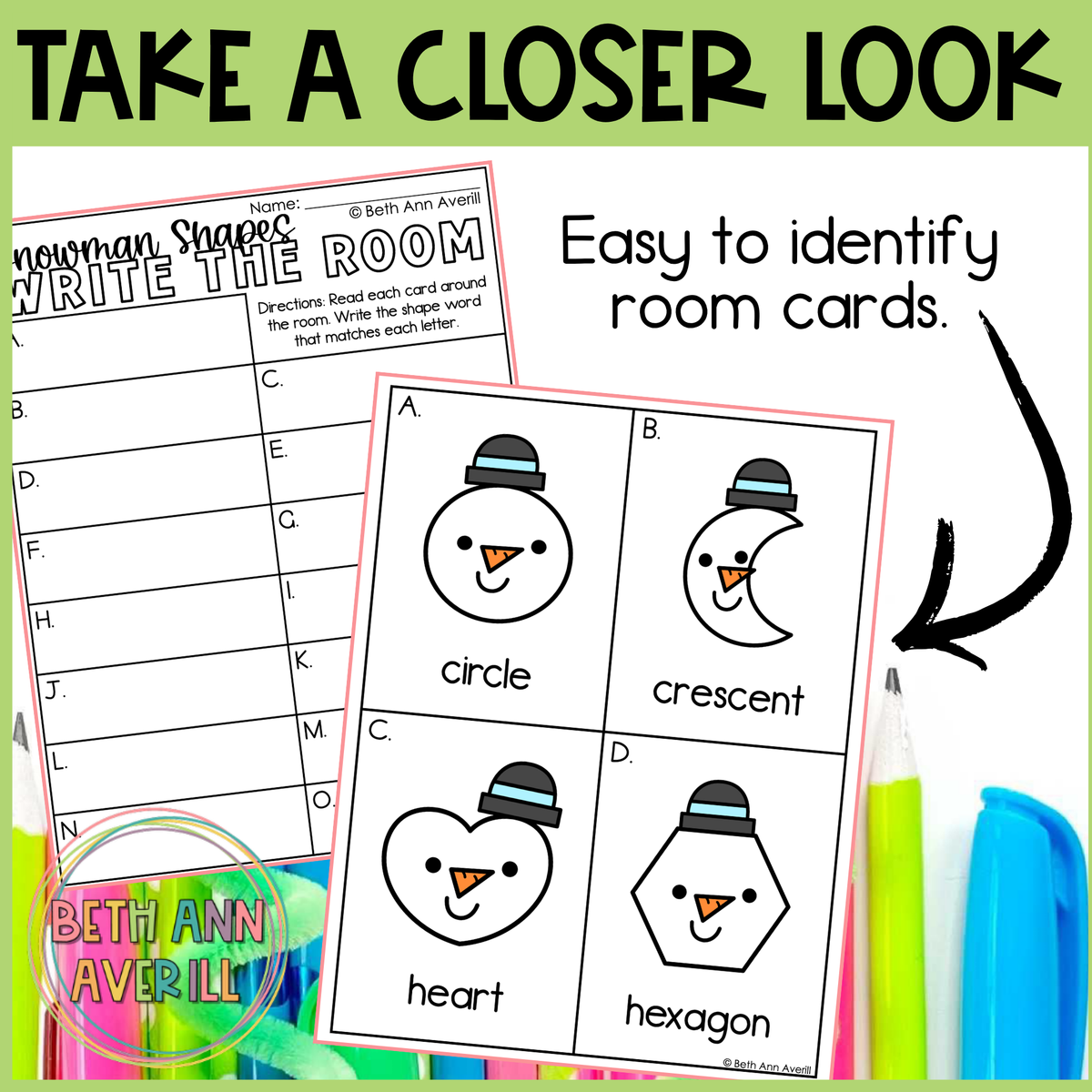 Snowman Shapes Write the Room | 2D Shapes Recognition & Name Writing