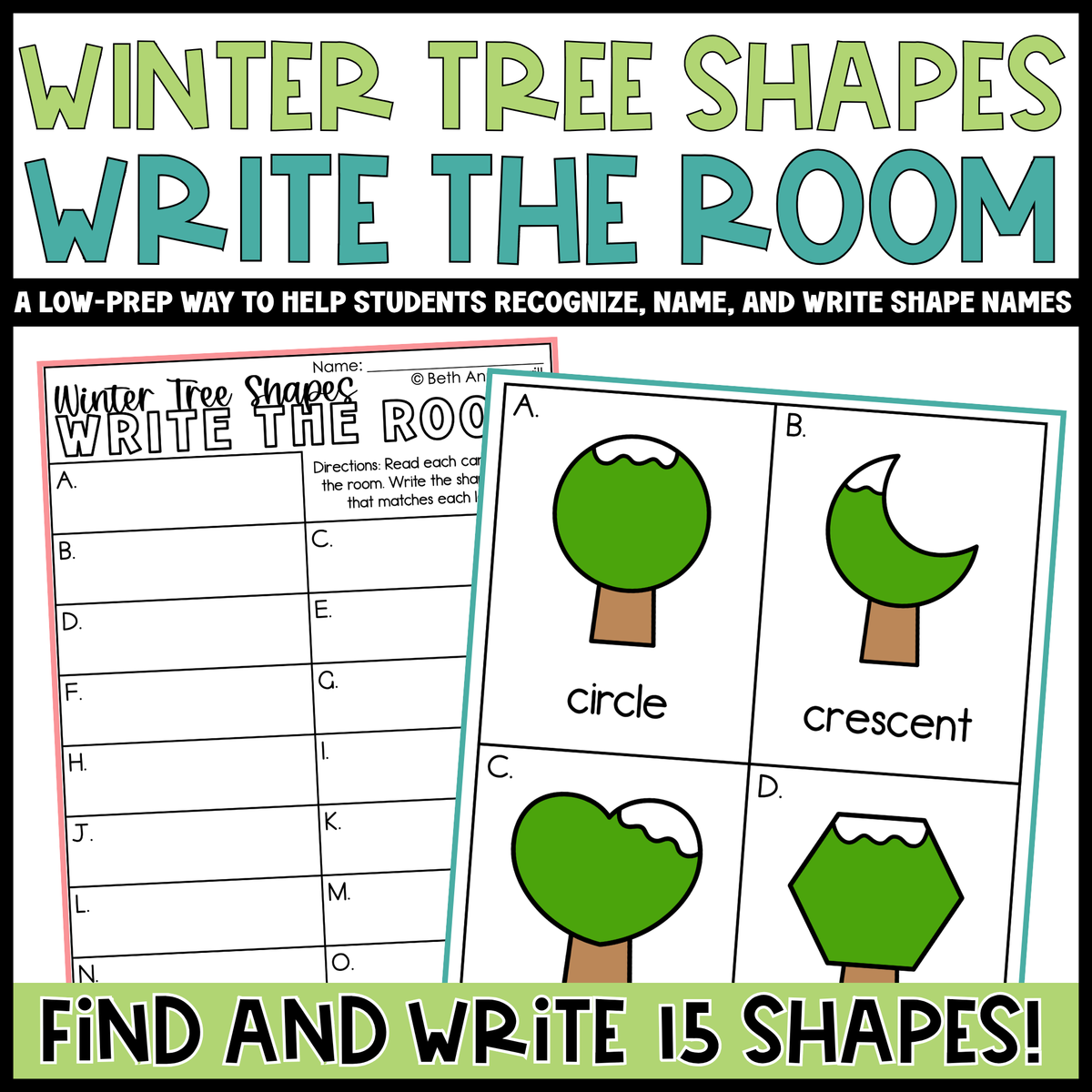 Winter Tree Shapes Write the Room | 2D Shapes Recognition & Name Writing