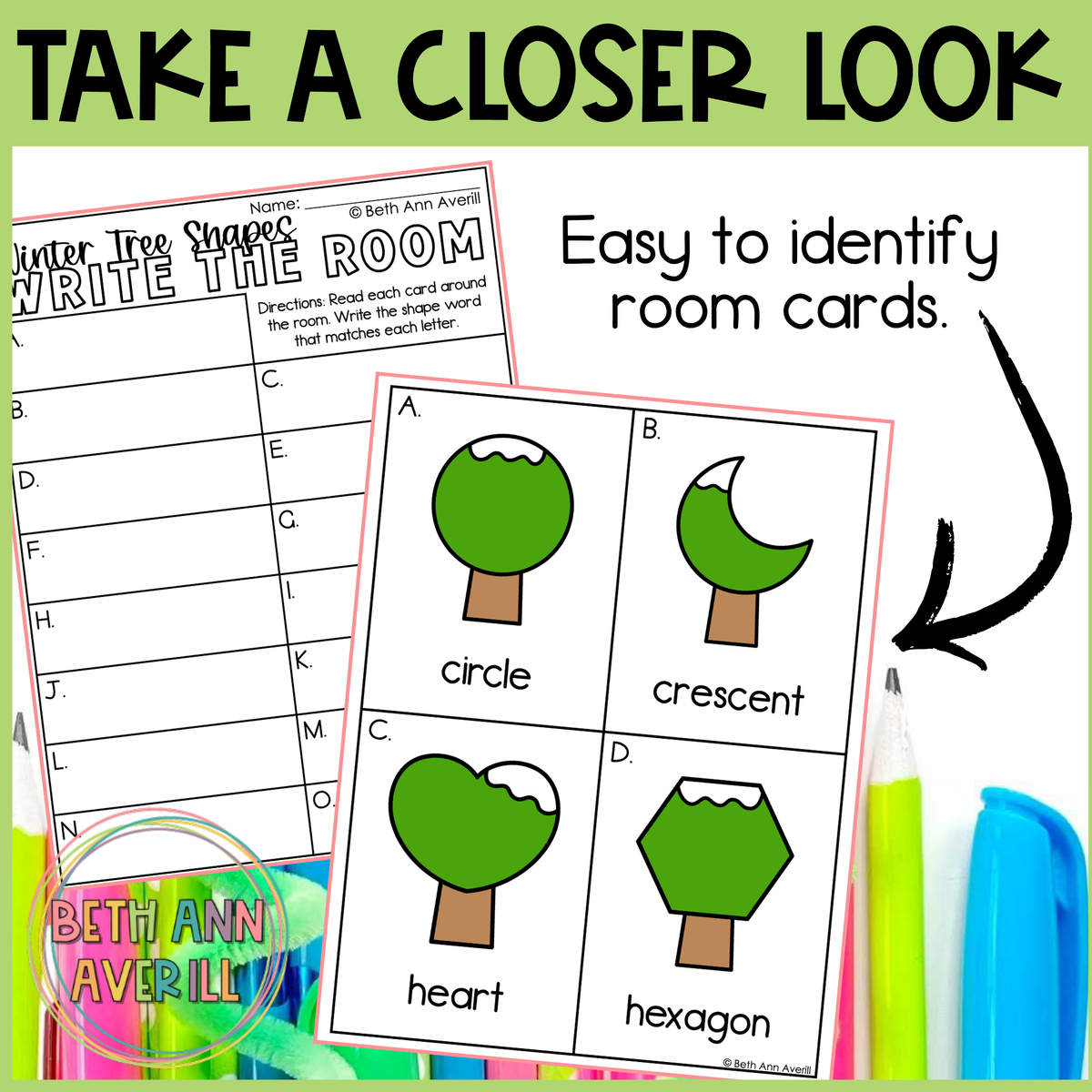 Winter Tree Shapes Write the Room | 2D Shapes Recognition & Name Writing