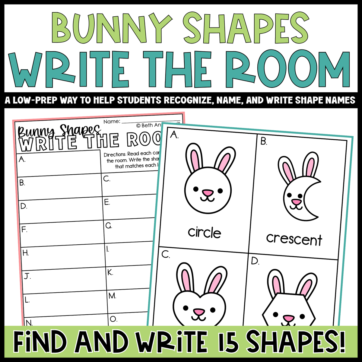 Bunny Shapes Write the Room | 2D Shapes Recognition & Name Writing