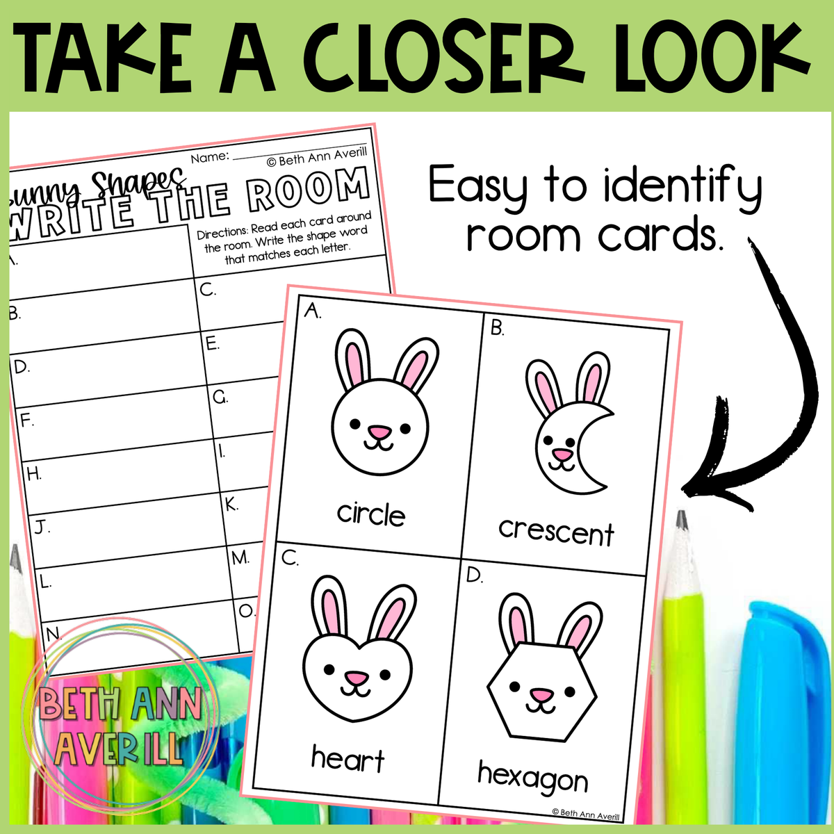 Bunny Shapes Write the Room | 2D Shapes Recognition & Name Writing