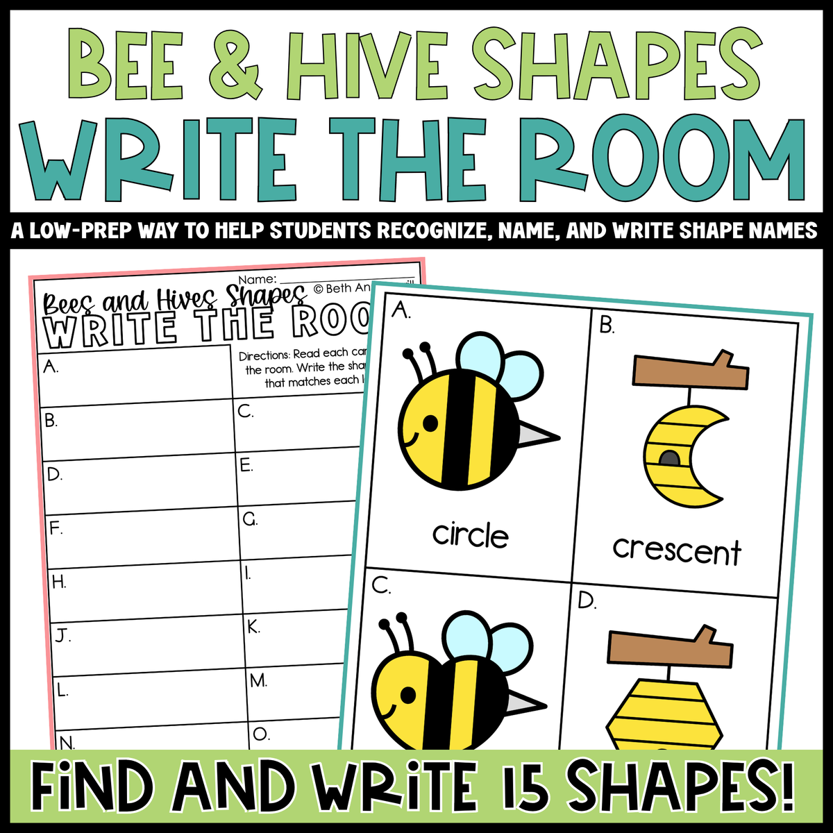 Bee and Hive Shapes Write the Room | 2D Shapes Recognition & Name Writing