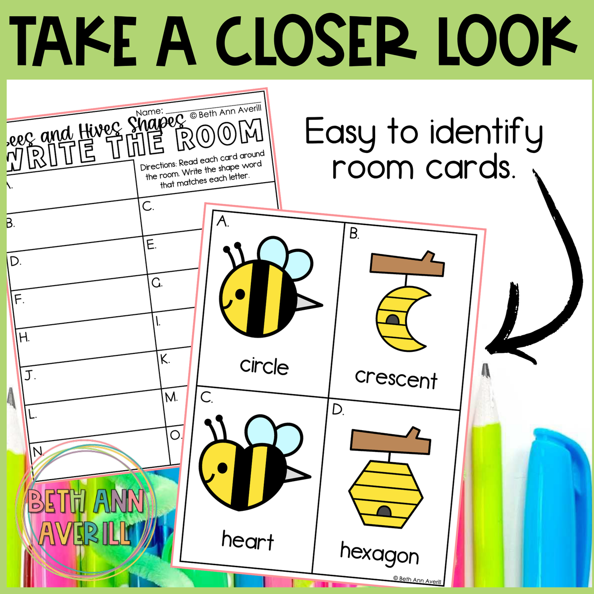 Bee and Hive Shapes Write the Room | 2D Shapes Recognition & Name Writing