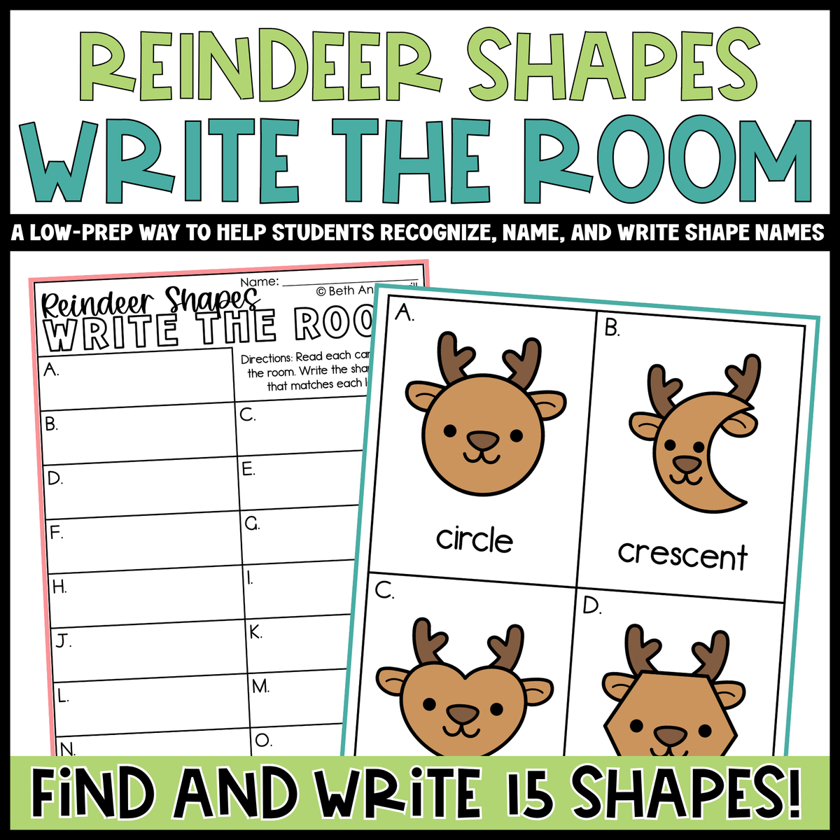 Reindeer Shapes Write the Room | 2D Shapes Recognition & Name Writing