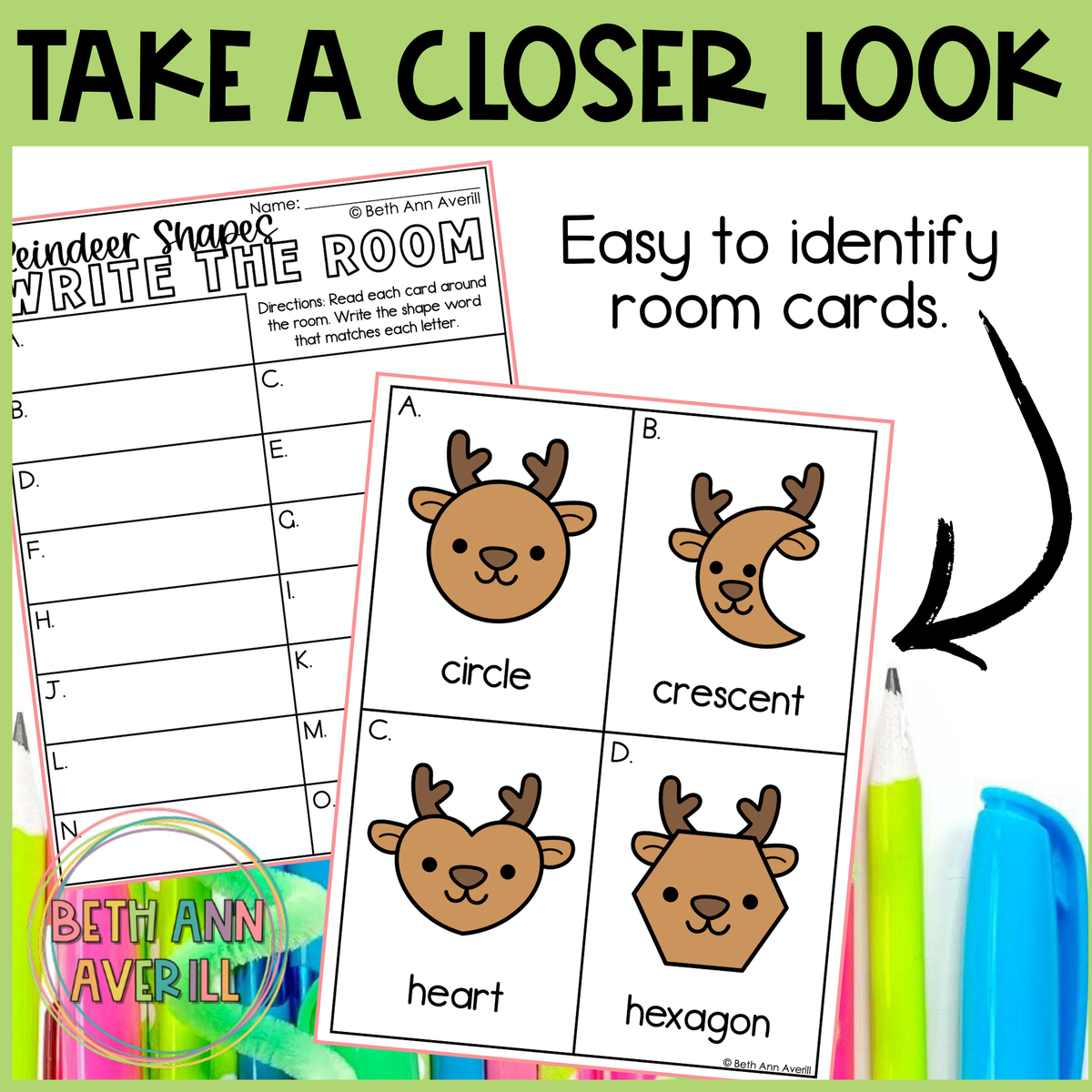 Reindeer Shapes Write the Room | 2D Shapes Recognition & Name Writing