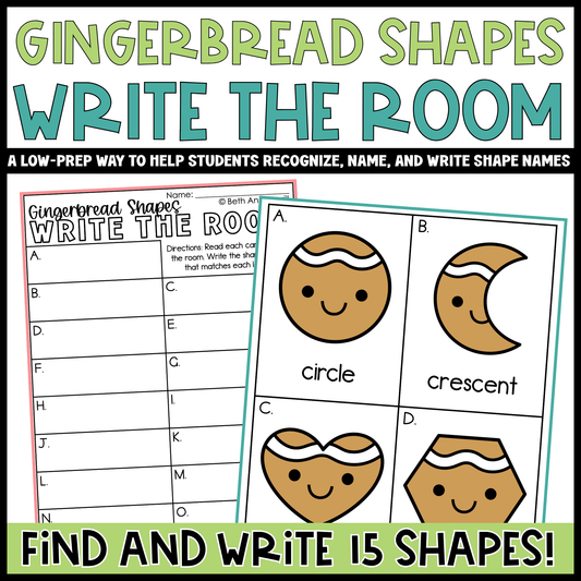 Gingerbread Shapes Write the Room | 2D Shapes Recognition & Name Writing