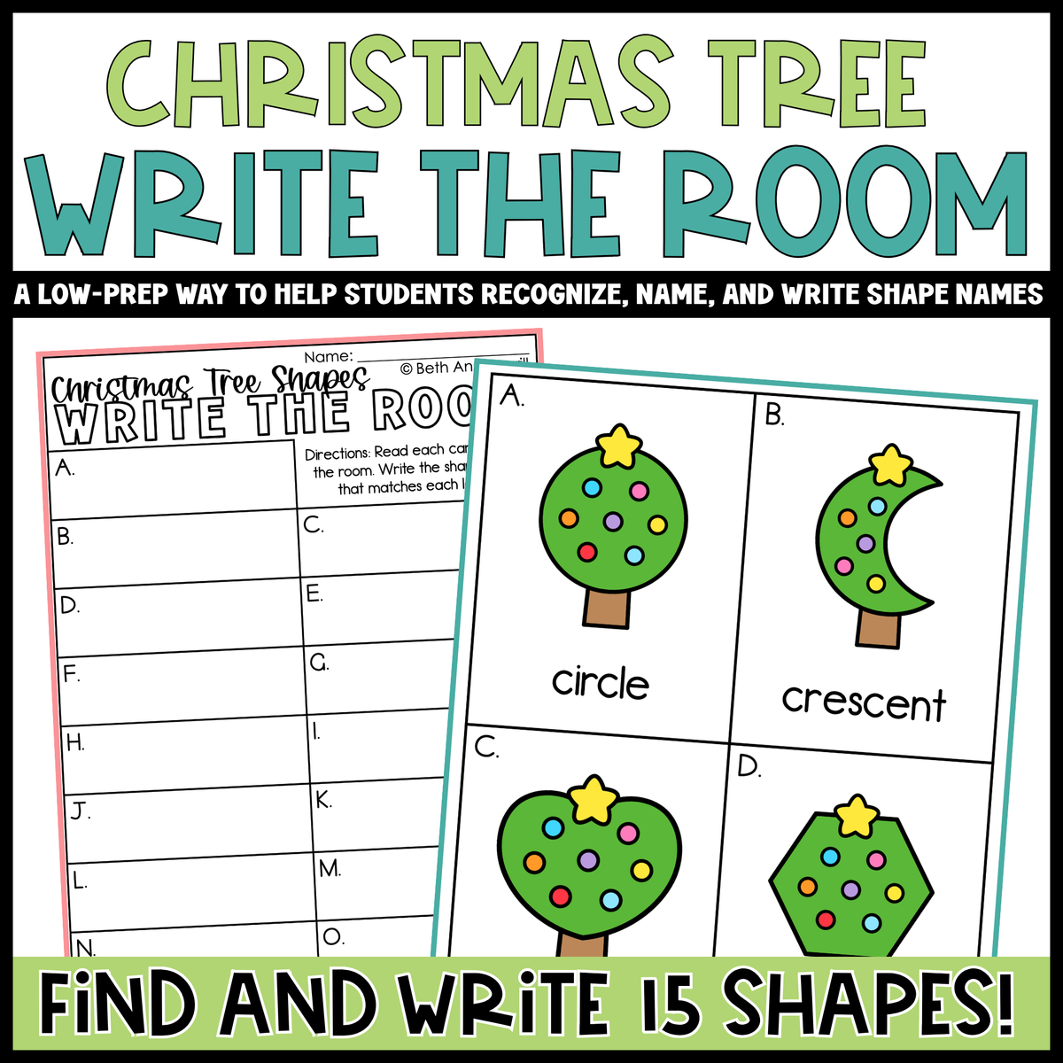 Christmas Tree Shapes Write the Room | 2D Shapes Recognition & Name Writing