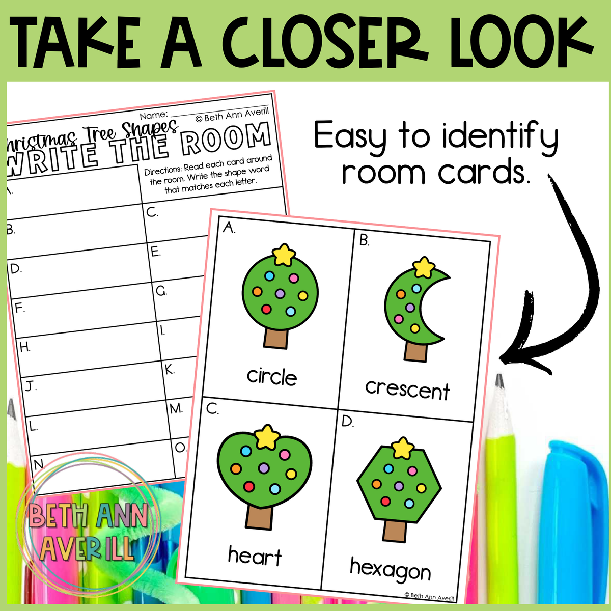 Christmas Tree Shapes Write the Room | 2D Shapes Recognition & Name Writing