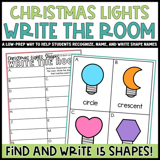 Christmas Lights Shapes Write the Room | 2D Shapes Recognition & Name Writing