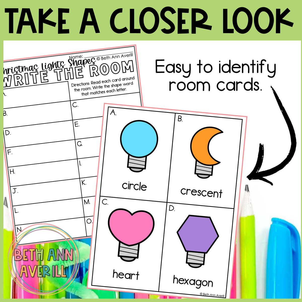 Christmas Lights Shapes Write the Room | 2D Shapes Recognition & Name Writing