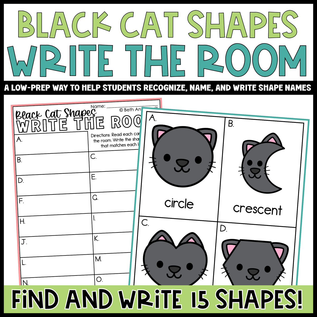 Black Cat Shapes Write the Room | 2D Shapes Recognition & Name Writing