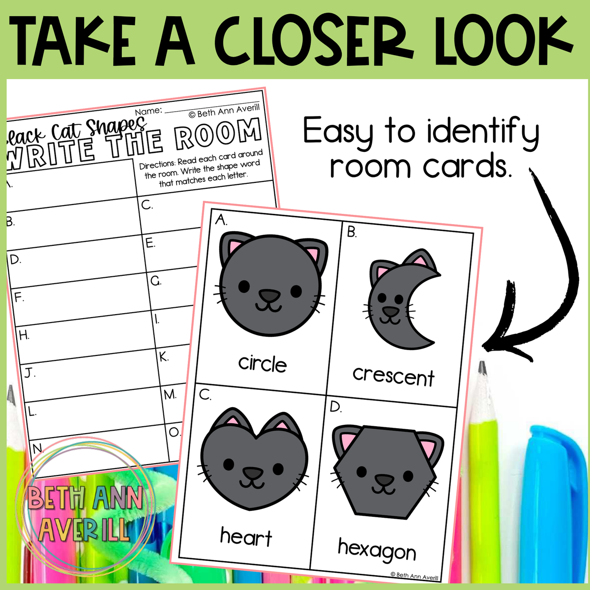 Black Cat Shapes Write the Room | 2D Shapes Recognition & Name Writing
