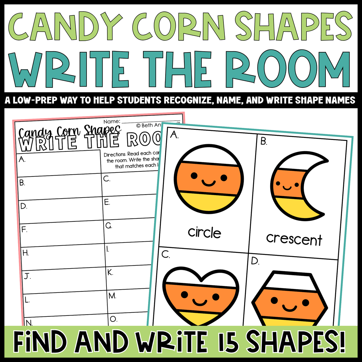 Candy Corn Shapes Write the Room | 2D Shapes Recognition & Name Writing