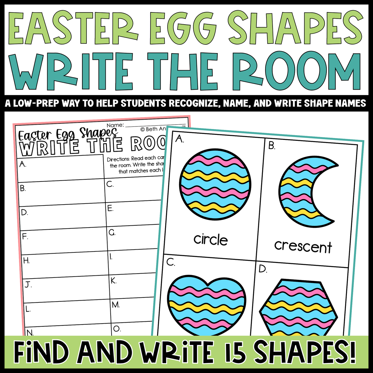 Easter Egg Shapes Write the Room | 2D Shapes Recognition & Name Writing