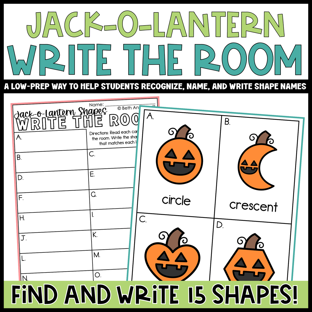 Jack O Lantern Shapes Write the Room | 2D Shapes Recognition & Name Writing