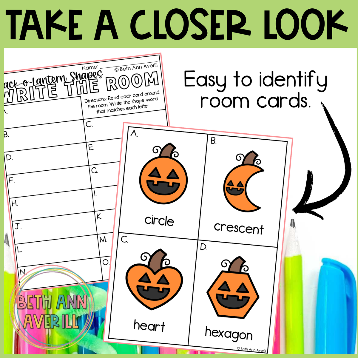 Jack O Lantern Shapes Write the Room | 2D Shapes Recognition & Name Writing