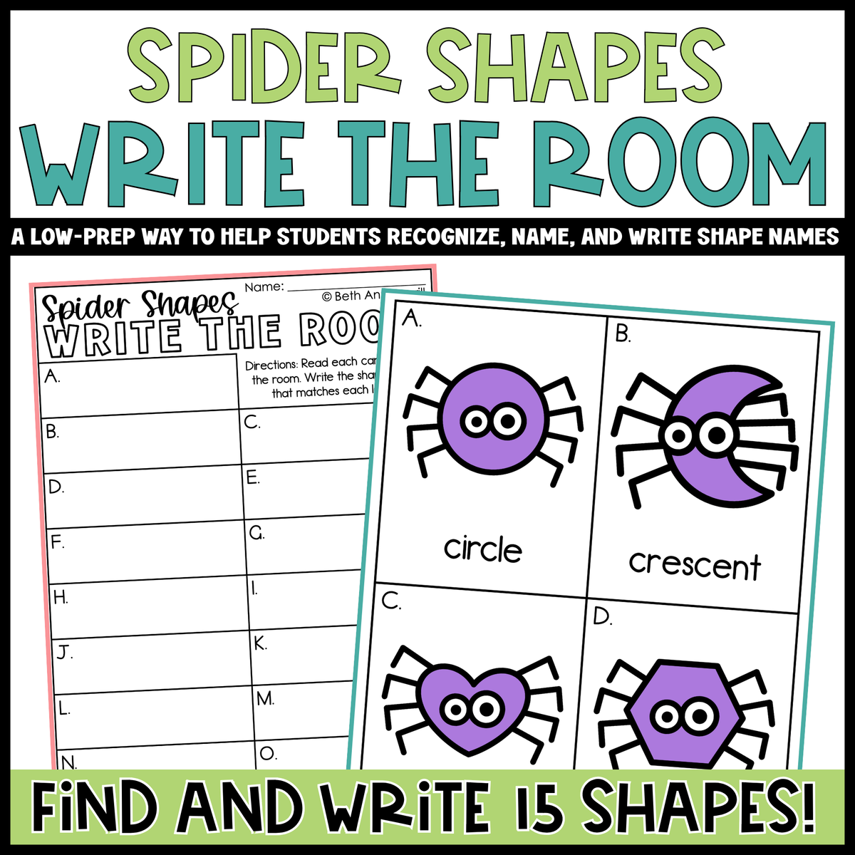 Spider Shapes Write the Room | 2D Shapes Recognition & Name Writing