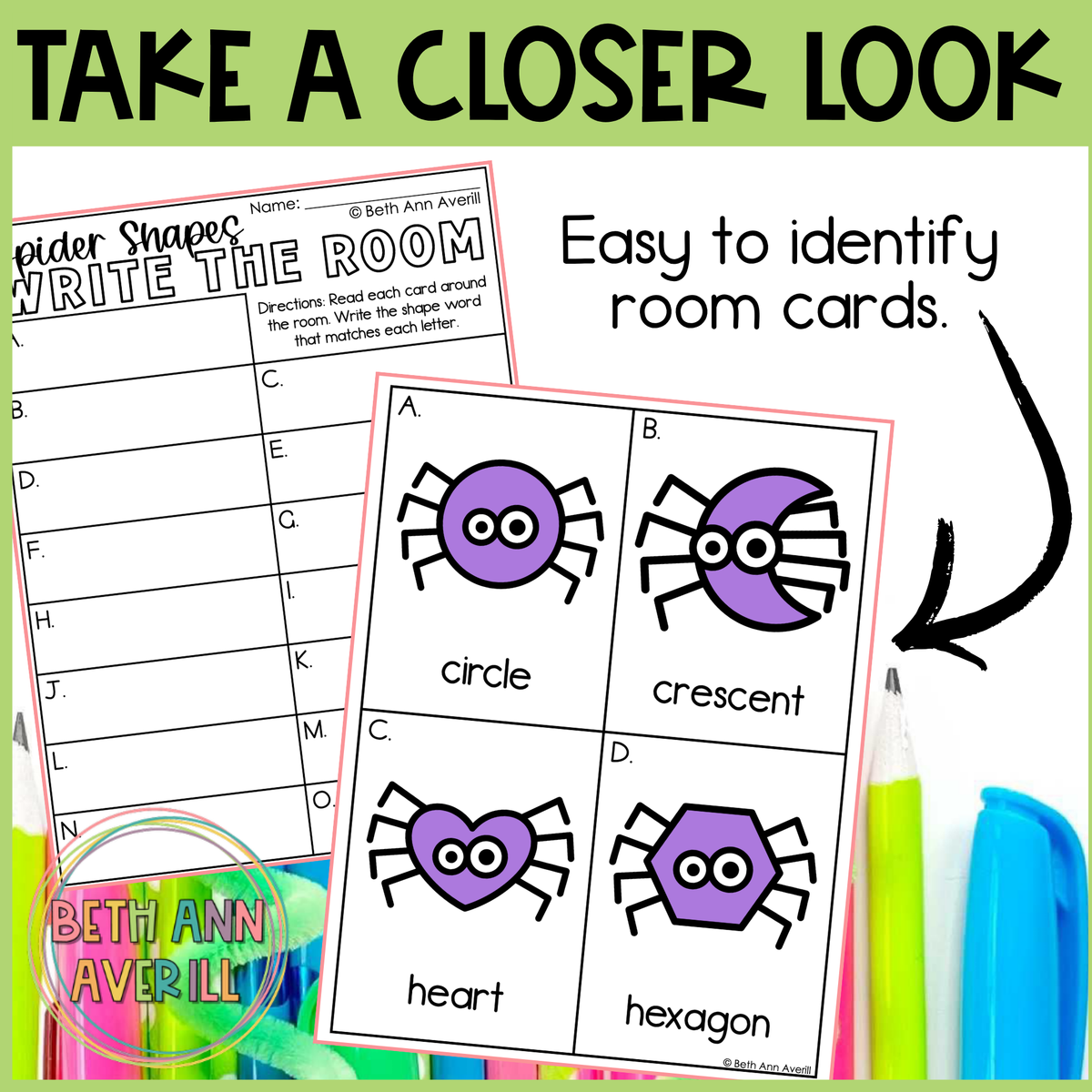 Spider Shapes Write the Room | 2D Shapes Recognition & Name Writing