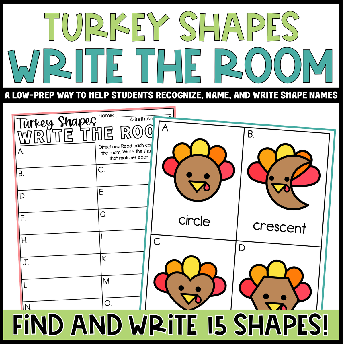 Turkey Shapes Write the Room | 2D Shapes Recognition & Name Writing