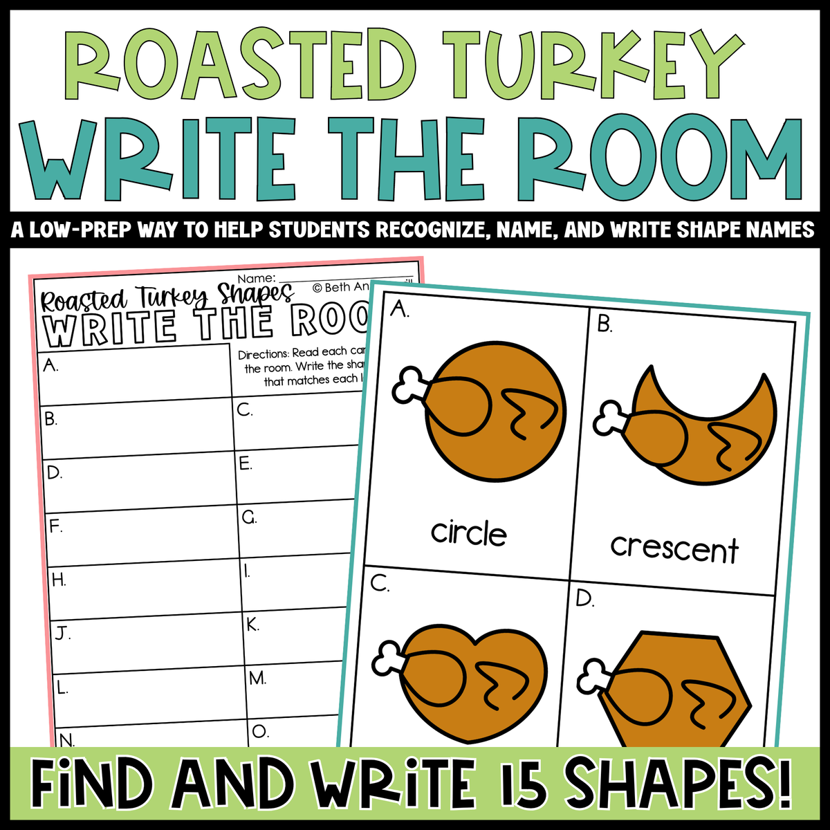 Roasted Turkey Shapes Write the Room | 2D Shapes Recognition & Name Writing