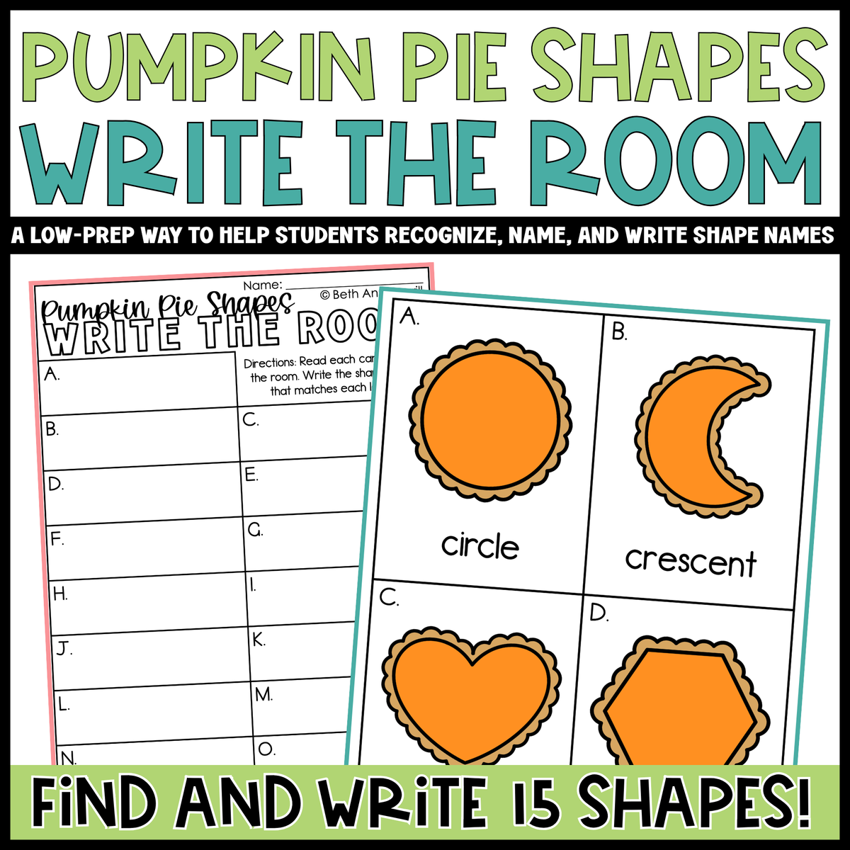 Pumpkin Pie Shapes Write the Room | 2D Shapes Recognition & Name Writing
